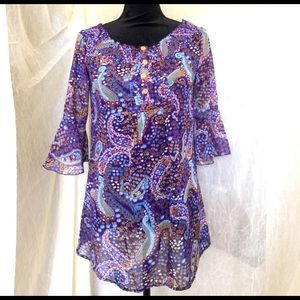 Sheer boho Purple blue olive Paisley/Floral Tunic top  (S)